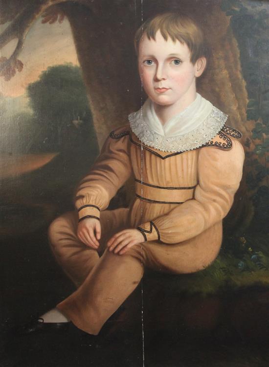 Early 19th century English School Full length portrait of a boy seated in woodland 31 x 24in.